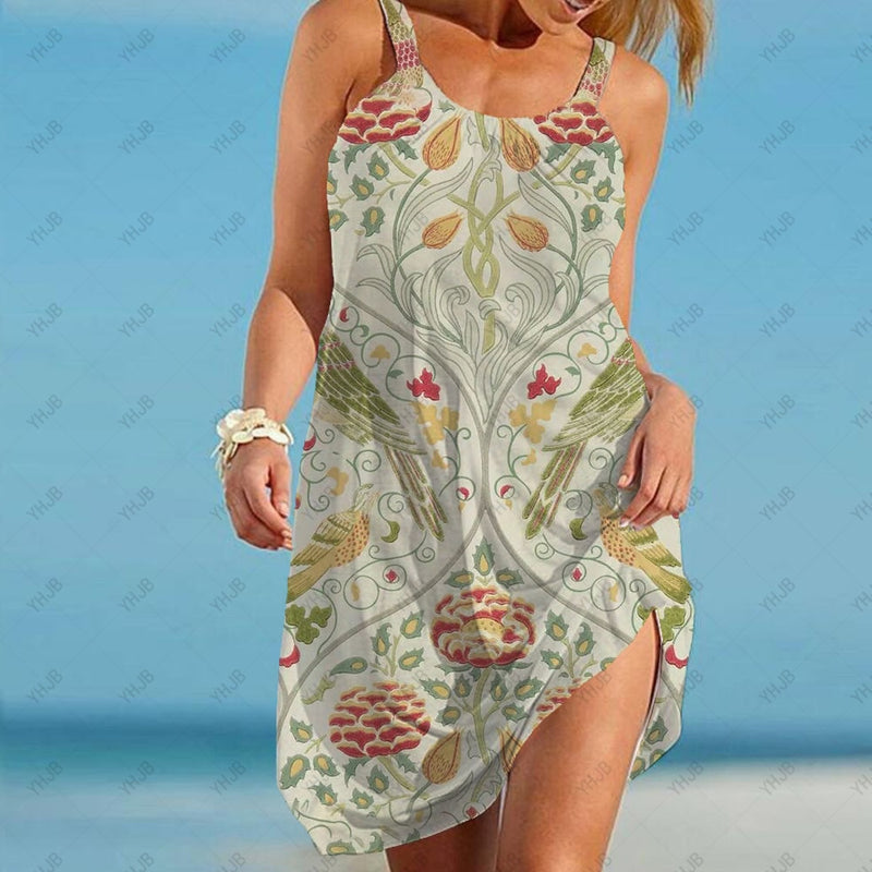 the BOHEMIAN LOUNGER - O-Neck Floral Bohemian Beach Dress