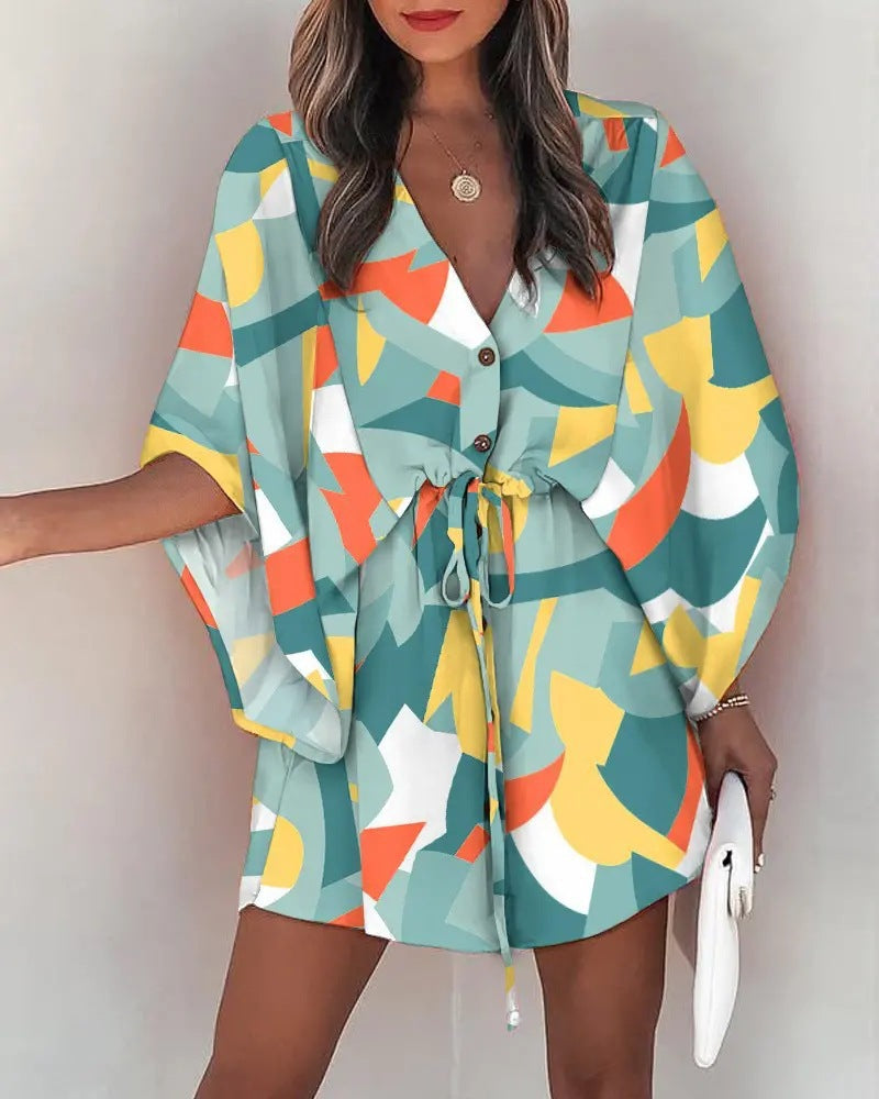 the ALOHA WRAP Dress - Print Lace Up Button Batwing Sleeve Dresses