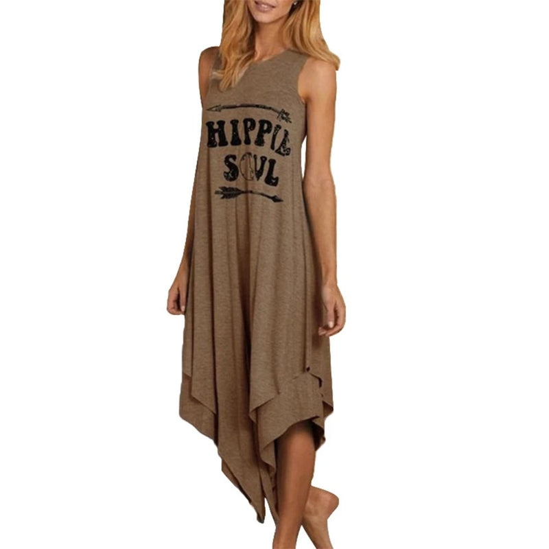 the HIPPIE SOUL - Loose Hippie Soul Letter Printed O-Neck Vest Dress