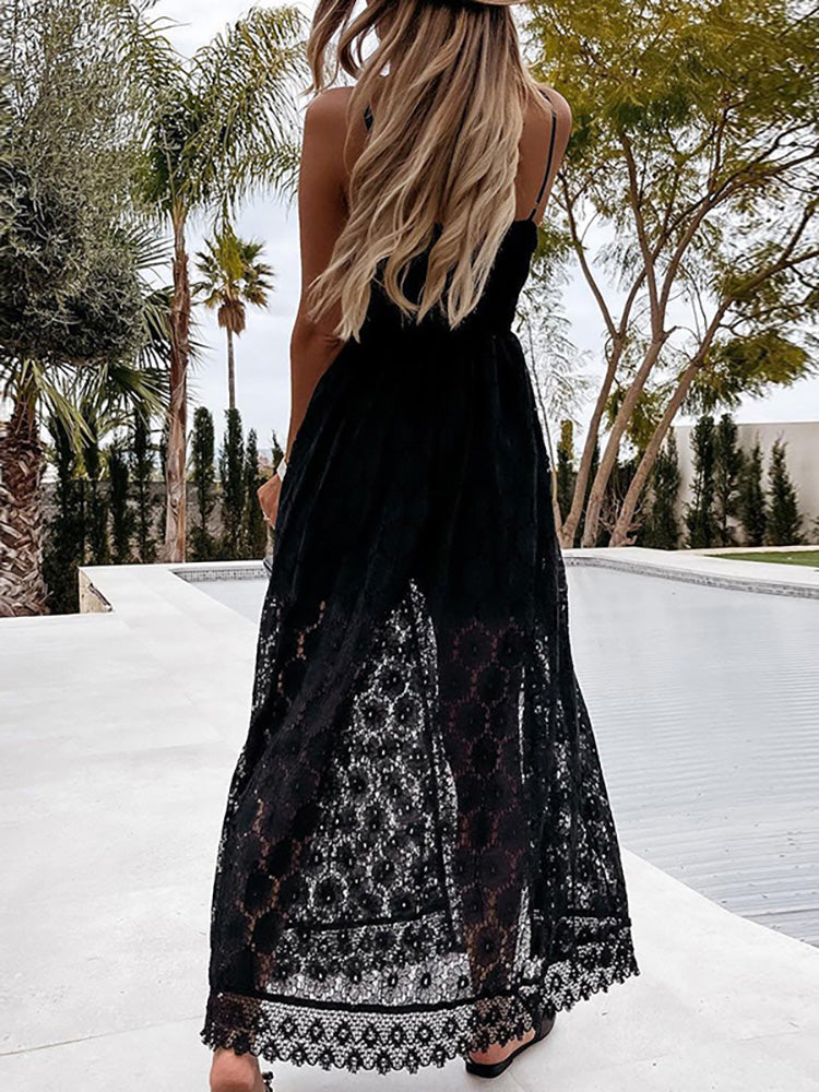 the GYPSY BOHO COLLECTION - V Neck Lace Patchwork Mid-Calf Dress Sexy Hollow-Out Dress