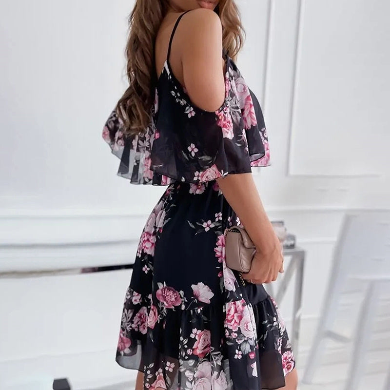 the SLOW DANCE - Off Shoulder Spaghetti Strap Floral Print Dresses