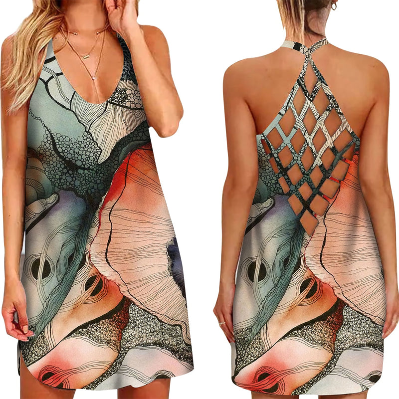 the BOHO MINI - 3D Floral Feather Printed Halter Neck Hollow-Out Back Mini Dress