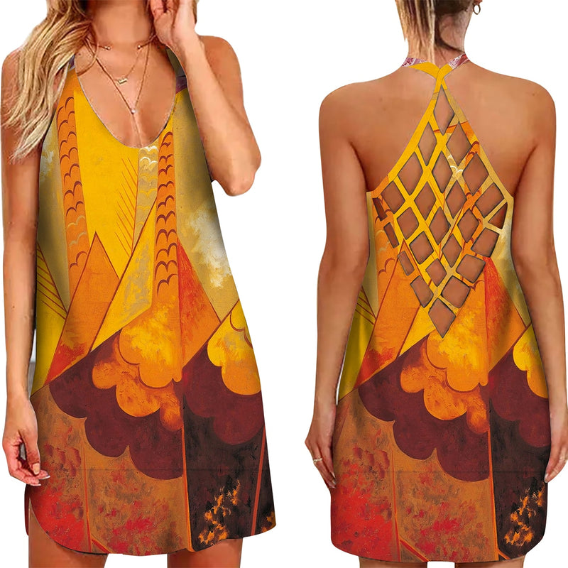 the BOHO MINI - 3D Floral Feather Printed Halter Neck Hollow-Out Back Mini Dress