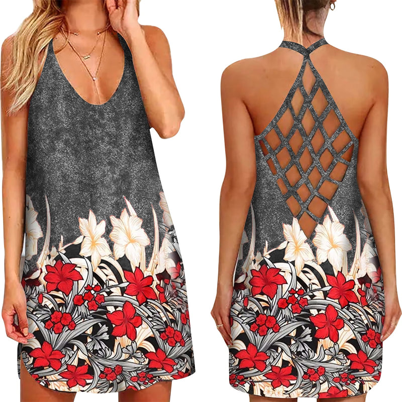 the BOHO MINI - 3D Floral Feather Printed Halter Neck Hollow-Out Back Mini Dress