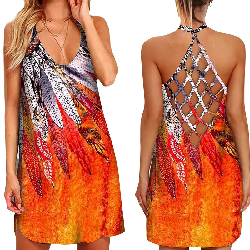 the BOHO MINI - 3D Floral Feather Printed Halter Neck Hollow-Out Back Mini Dress