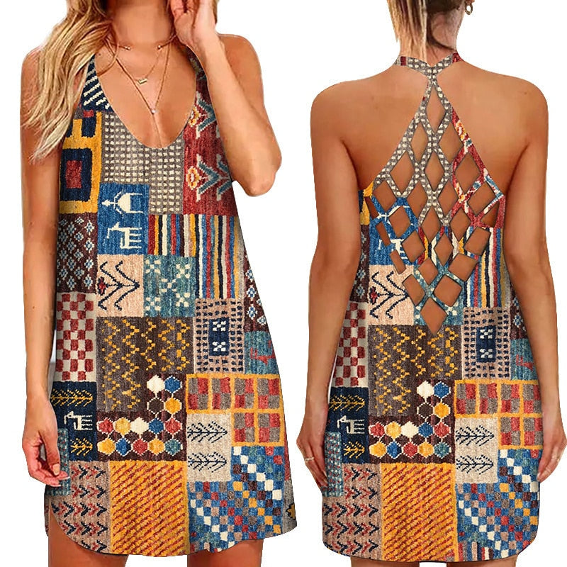 the PATCHWORK - Loose Sexy Hollow-Out Sleeveless O-Neck Beach Sundress