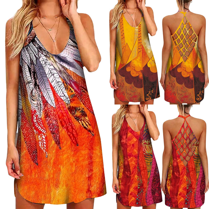 the BOHO MINI - 3D Floral Feather Printed Halter Neck Hollow-Out Back Mini Dress