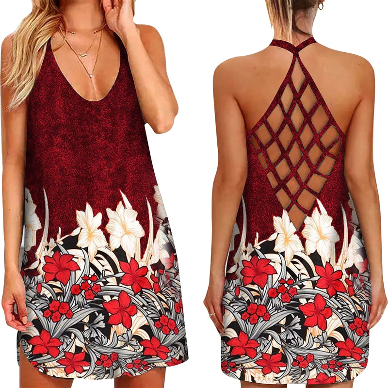 the BOHO MINI - 3D Floral Feather Printed Halter Neck Hollow-Out Back Mini Dress