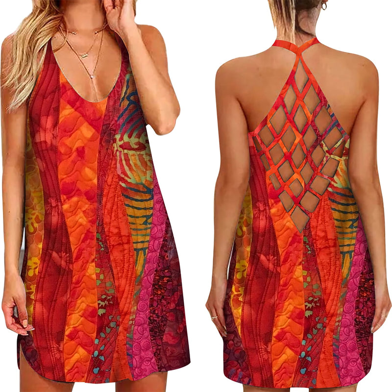 the BOHO MINI - 3D Floral Feather Printed Halter Neck Hollow-Out Back Mini Dress