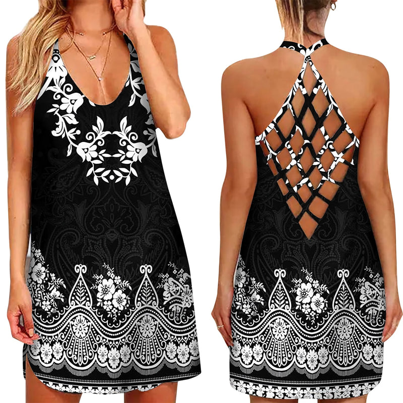 the BOHO MINI - 3D Floral Feather Printed Halter Neck Hollow-Out Back Mini Dress