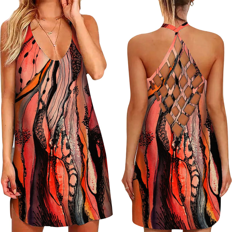 the BOHO MINI - 3D Floral Feather Printed Halter Neck Hollow-Out Back Mini Dress