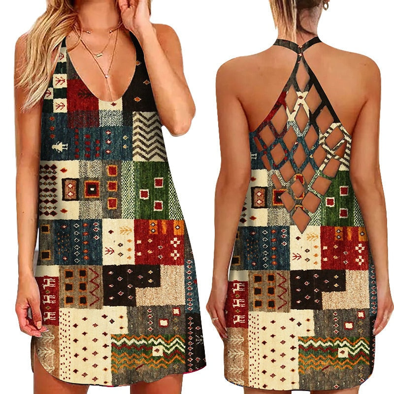 the PATCHWORK - Loose Sexy Hollow-Out Sleeveless O-Neck Beach Sundress