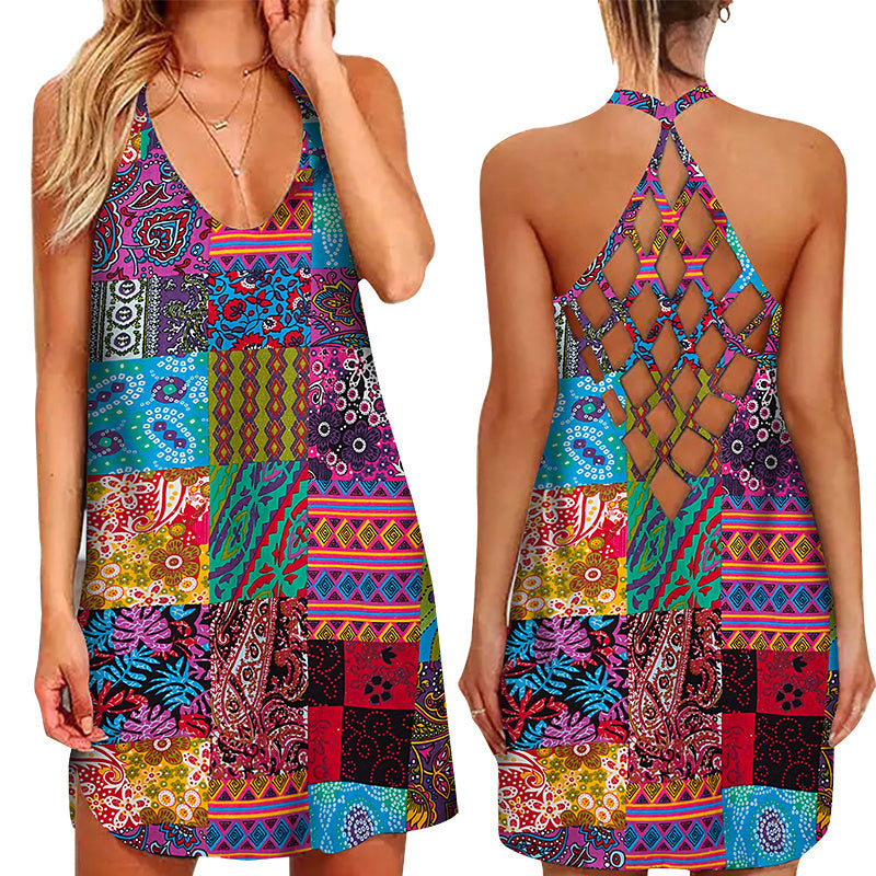 the PATCHWORK - Loose Sexy Hollow-Out Sleeveless O-Neck Beach Sundress