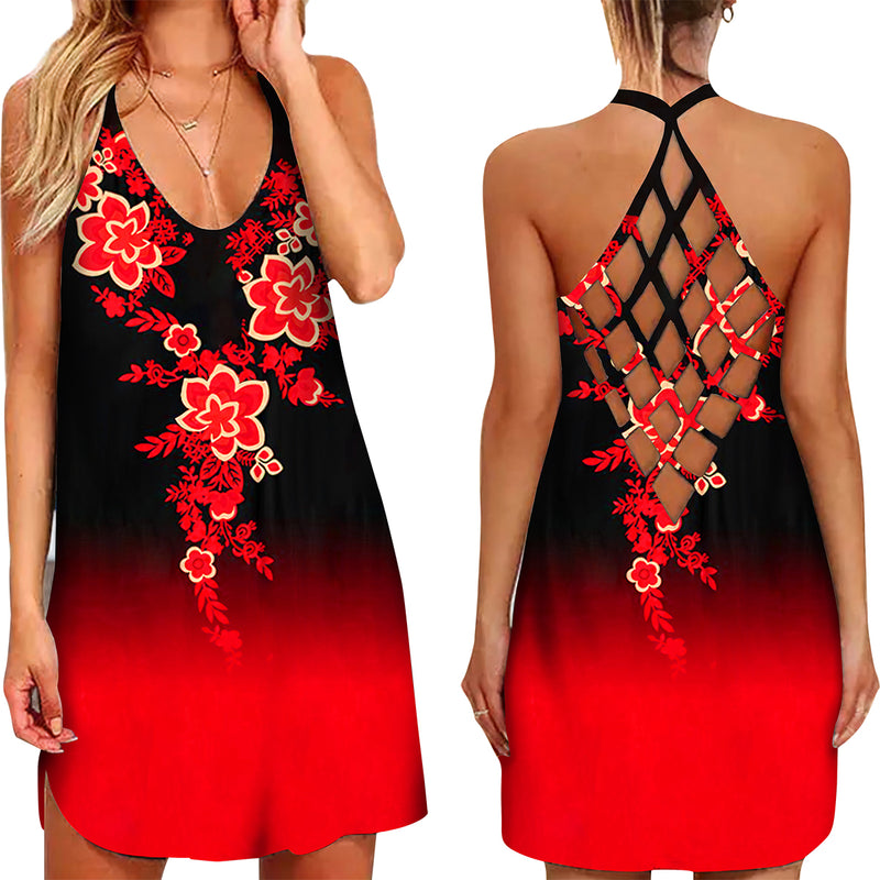 the BOHO MINI - 3D Floral Feather Printed Halter Neck Hollow-Out Back Mini Dress